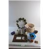 Image 1 : Wreath, Wicker Basket, Art Supplies, Stoneware Vase, Sears Pins, Coin Chest Bank and Misc.