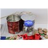 Image 3 : Christmas Gift Ribbons/ Name Tags, Christmas Light Bulbs, (2) Folgers Coffee Tins, Misc.