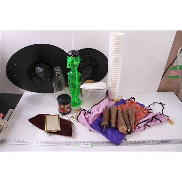 Witches Hats, Milk Bottle, Bellows, Styrofoam Cups, Spiderman Thermos, Furniture Legs, Thermometers,