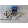 Image 1 : Christmas Themed Items (Fibre Optic Christmas House, Mini String Lights, Platter, Figurines, Misc.)