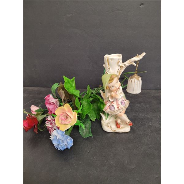 Ceramic Child & Tree Figurine w/ Ceramic Flowers