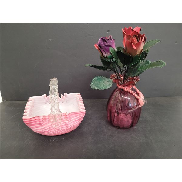 Cranberry Glass Bag Vase w/ Metal Roses and Pink & White Glass Basket  (Cracked)