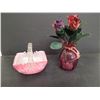 Cranberry Glass Bag Vase w/ Metal Roses and Pink & White Glass Basket  (Cracked)