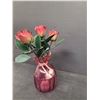 Image 2 : Cranberry Glass Bag Vase w/ Metal Roses and Pink & White Glass Basket  (Cracked)
