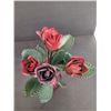 Image 6 : Cranberry Glass Bag Vase w/ Metal Roses and Pink & White Glass Basket  (Cracked)