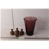 Purple Glass Vase 8" Tall, (4) Wooden Decorations