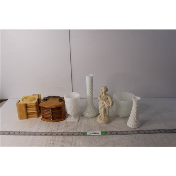 (2) Sets of Coasters in Holders, (3) Milk Glass Vases, Milk Glass Cup, and Misc.
