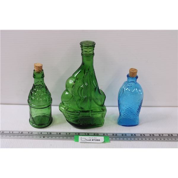 (3) Glass Decanters - Green & Blue - Various Sizes