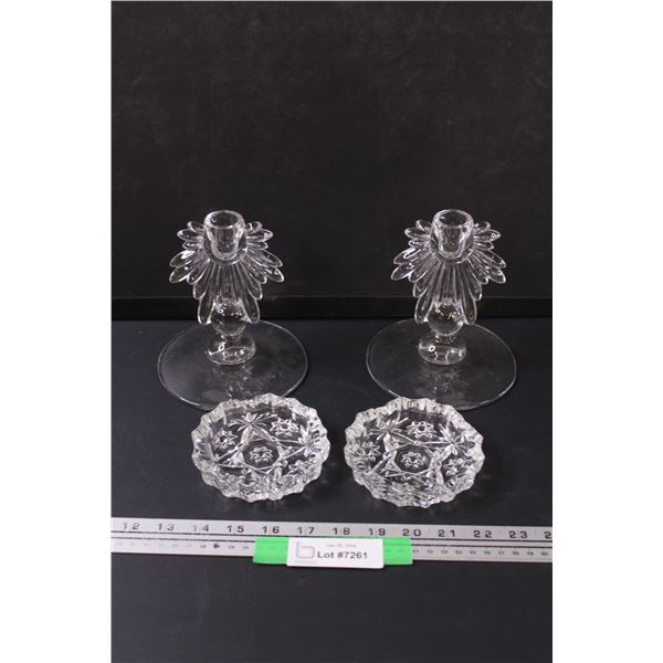 (2) Glass Candle Holders & (2) Glass Ashtrays