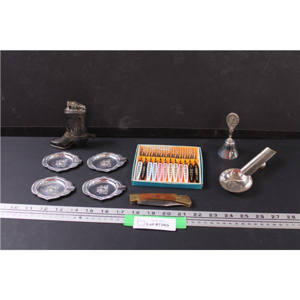 Vintage Little Forks Set, (5) Spoon Trays, Folding Hunters Knife, Cowboy Boot Lighter, Bell