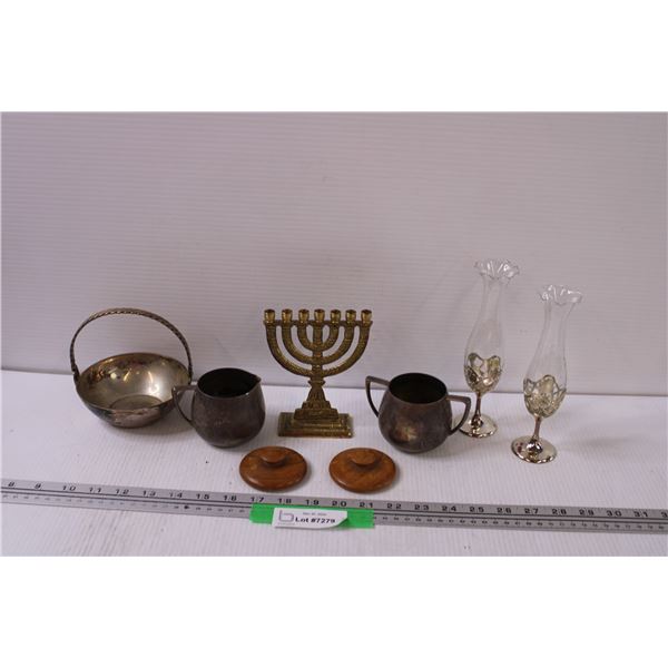 Small Menorah, (2) Vases, Copper Plated Cream & Sugar & Basket, (2) Wooden Lids