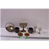 Small Menorah, (2) Vases, Copper Plated Cream & Sugar & Basket, (2) Wooden Lids