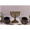 Image 2 : Small Menorah, (2) Vases, Copper Plated Cream & Sugar & Basket, (2) Wooden Lids