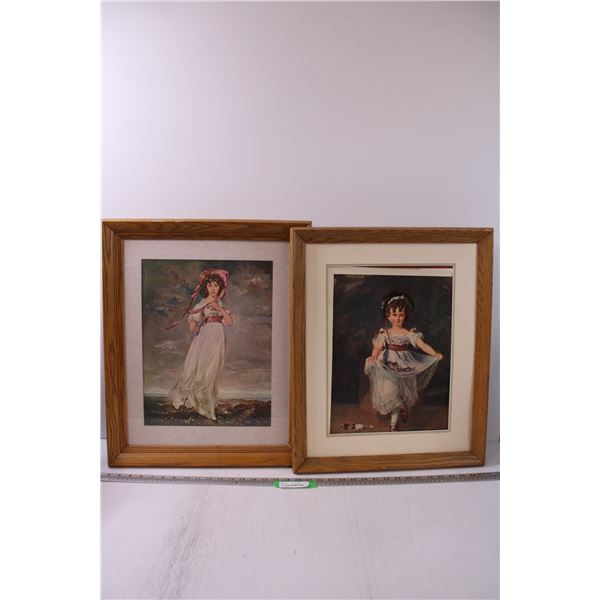 Framed French Renaissance Pink Lady Print and Framed Girl Print (One Missing Glass, Some Wear) - 23"