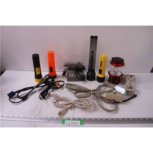 (5) Flashlights, Various Cords, Bulk Tape Remover - As Is