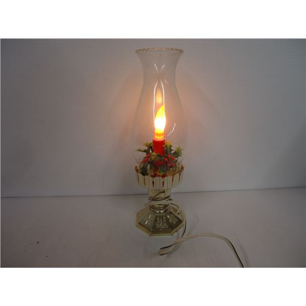 Vintage 12" Electric Light Christmas Candle Lantern-Gold with Plastic Holly Glass Hurricane Lamp