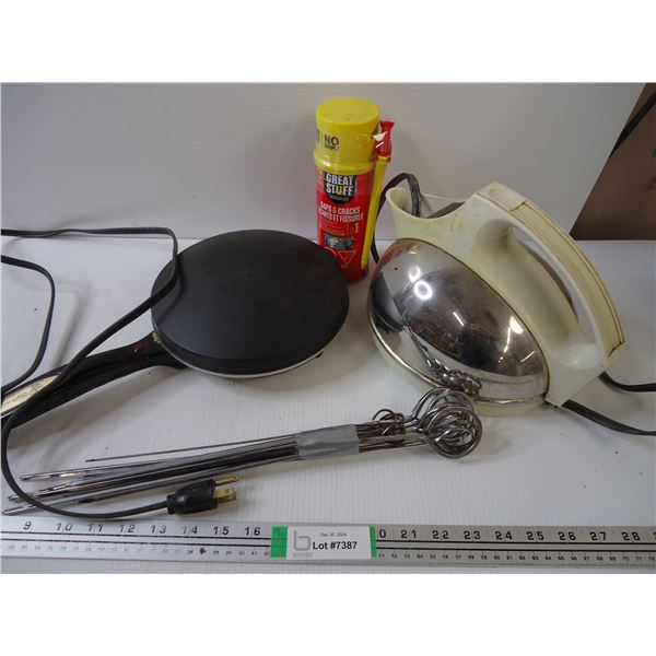 Electric Kettle and Crepe Maker(untested),Metal Skewers and can of Gap Filler