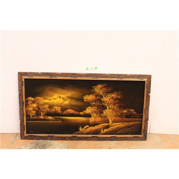 * Black Velvet Mountain Painted Scene in Wood Frame by Emily - 49" x 27"