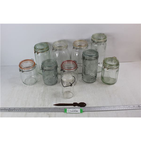 (10) Different Sized Glass Snap Lid Canisters, Wooden Letter Opener