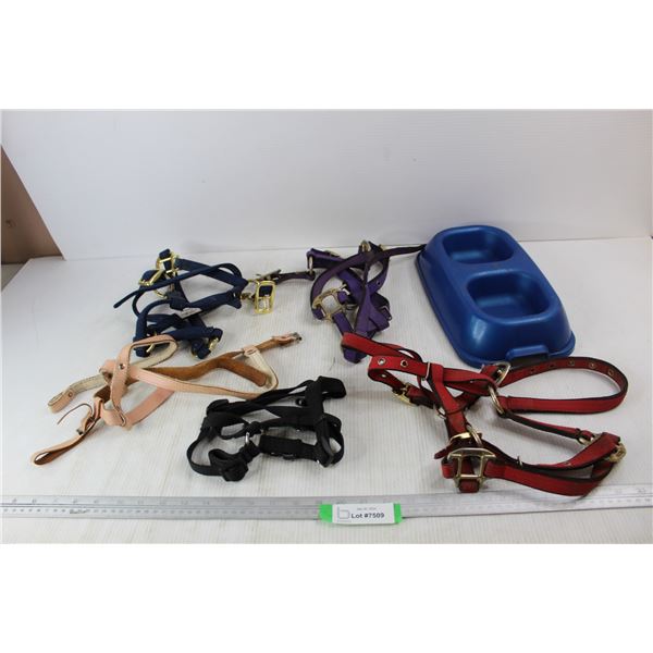 (3) Dog Harnesses, Dog Food & Water Tray- All As Is