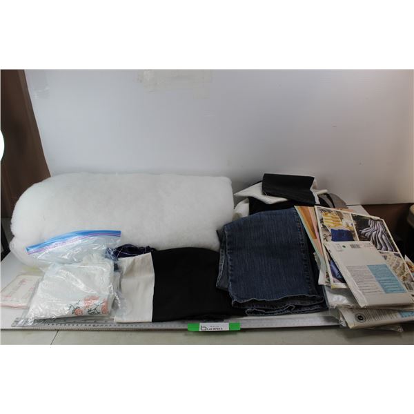 Lot Of Fabric Pieces, Stuffing, Crocheting Books
