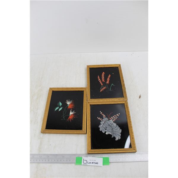(3) Small Framed Paint Glass Pictures- All 6.5'' x 8''