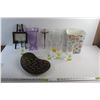 Image 1 : Plastic Pitcher, Cups, Vase, Brass Cross, Garbage Can, Glass Tray and Quote Decor