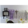 Image 3 : Plastic Pitcher, Cups, Vase, Brass Cross, Garbage Can, Glass Tray and Quote Decor
