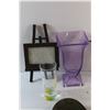 Image 7 : Plastic Pitcher, Cups, Vase, Brass Cross, Garbage Can, Glass Tray and Quote Decor