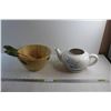 Image 1 : Wooden Salad Bowl with Salad Utensils and Ceramic Tea Pot Style Planter