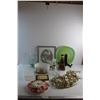Image 1 : Framed Embroidery Art, Planters, Kerosene Lamp, Wall Clock, Tupperware Container, Glass Vase and Mis