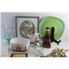 Image 9 : Framed Embroidery Art, Planters, Kerosene Lamp, Wall Clock, Tupperware Container, Glass Vase and Mis