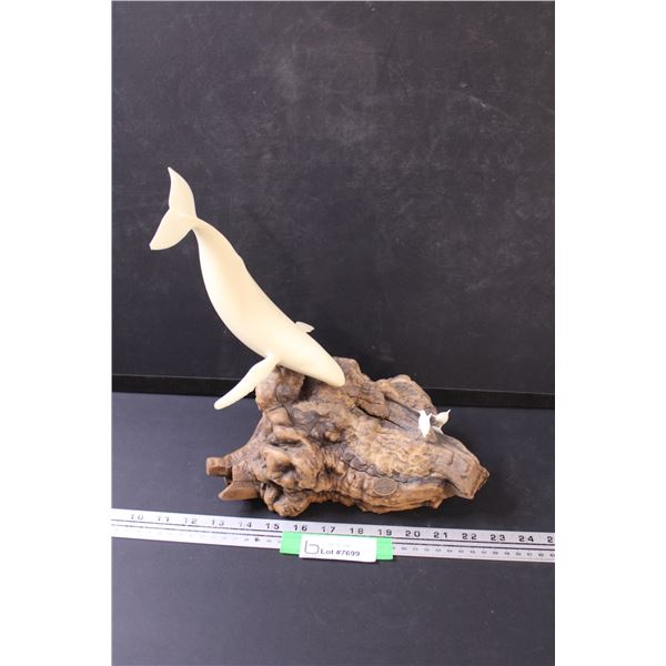 John Perry Driftwood & Whale Figurine - 10" x 11" - Has Chip on Tail