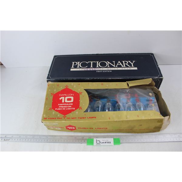 Pictionary First Edition Board Game, package Of 10 C Carillion Push- In Christmas Lights- As Is