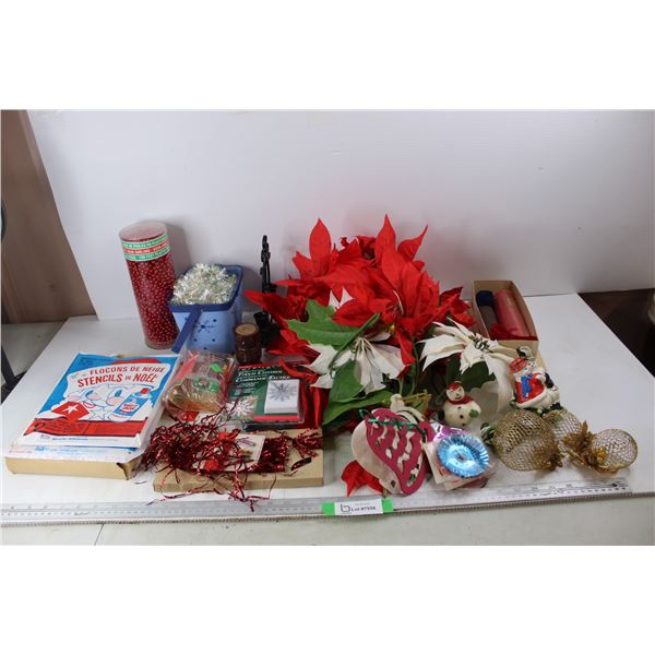 Lot Of Christmas  Decorations, Tree Garland, Artificial Flowers, Tree Ornaments, Misc.