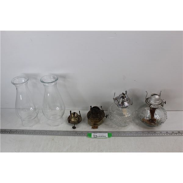Lot Of Vintage Kerosene lamp Parts, (2) Chimneys, (2) Bases, Misc.