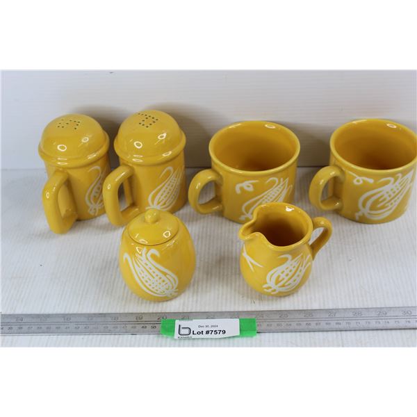 (6) Yellow Ceramic Dishes, Salt & Pepper, Cream & sugar, Misc.