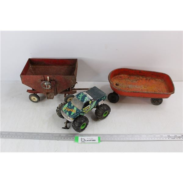 Vintage Diecast Toy Wagon, Vintage ERTL Diecast Grain Hopper, Monster Truck Toy- Damaged