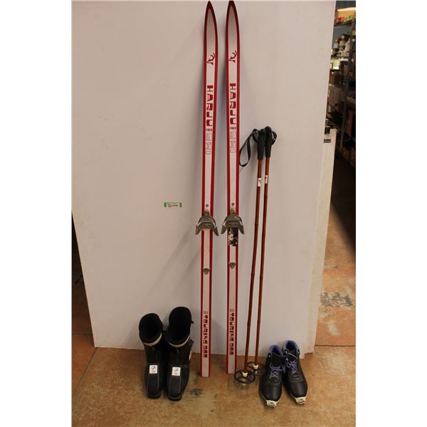 *Pair Of Cross Country w/ Poles & Size 12 Boots, w/ Pair of Downhill Ski Boots- Approximately Size