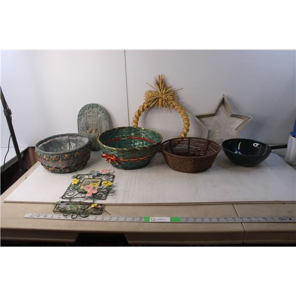 Outdoor Thermometer, (3) Baskets, Misc.