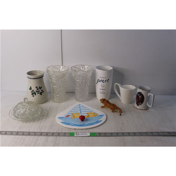 (4) Vases, Candy Dish, (2) Mugs, Misc.