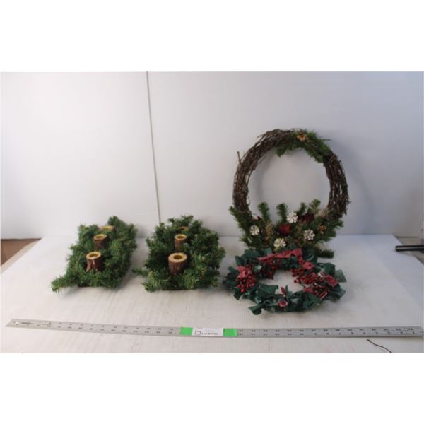 Christmas Lot- (2) Wreaths, (2) Candle Holders