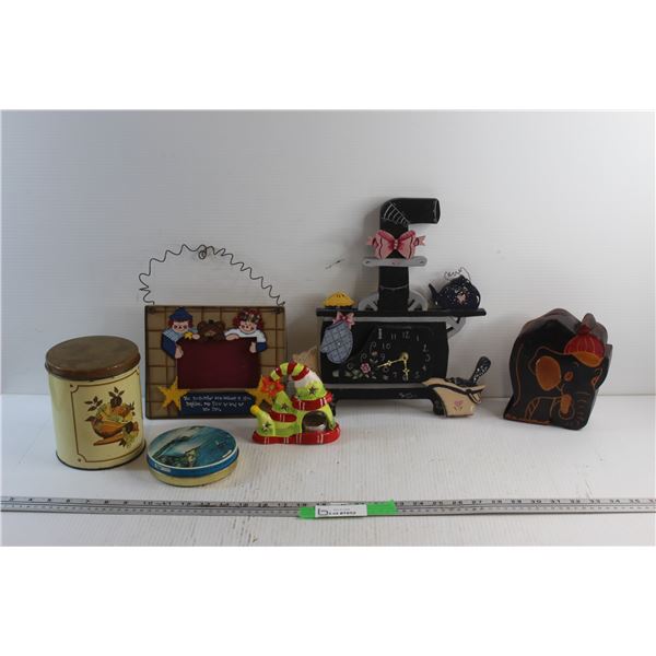 Vintage Tins, Photo Frame, Wall Clock, Elephant Coin Bank and Christmas Candle Holder