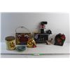 Image 1 : Vintage Tins, Photo Frame, Wall Clock, Elephant Coin Bank and Christmas Candle Holder