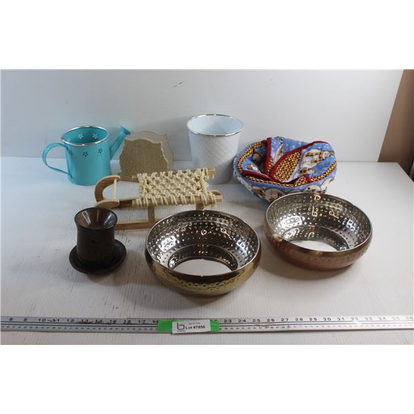 Planters, Metal Bowls, Small Bucket, Napkin Holder and Candle Stand