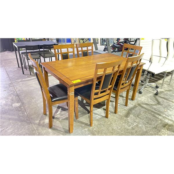WOOD DINING TABLE 60" X 36" X 30" WITH 6 WOOD & LEATHER DINING CHAIRS
