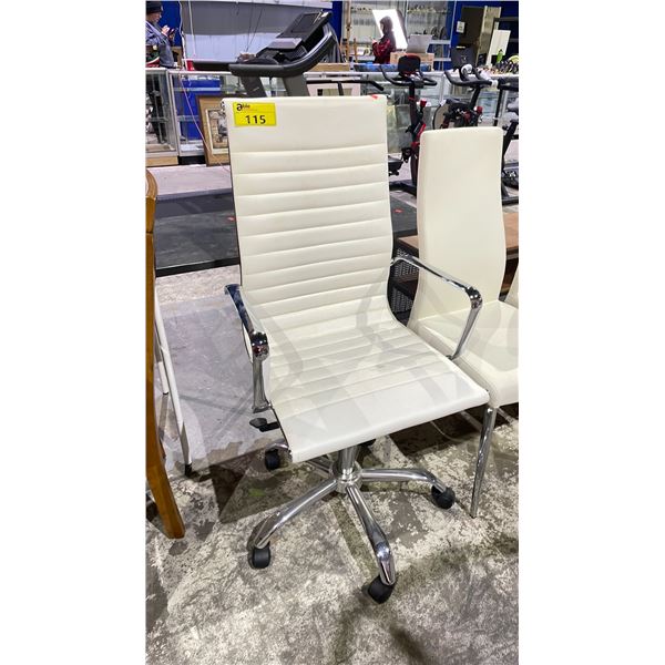 WHITE LEATHER & CHROME ROLLING OFFICE CHAIR
