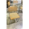 Image 3 : GLASS TOP DINING TABLE WITH METAL BASE & 4 METAL & WHICKER CHAIRS 40" X 40" X 29"