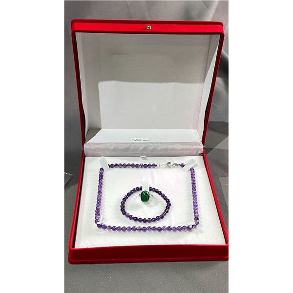 AMETHYST NECKLACE AND BRACELET, MALACHITE ADJUSTABLE RING RETAIL $450
