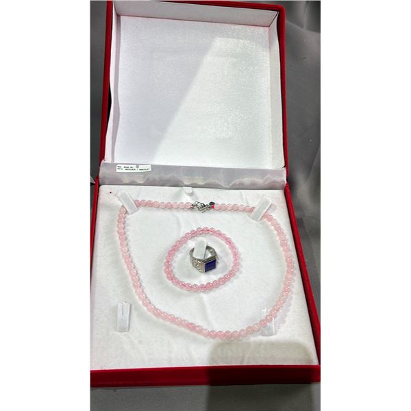 ROSE QUARTZ NECKLACE AND BRACELET, LAPIS ADJUSTABLE RING RETAIL $450
